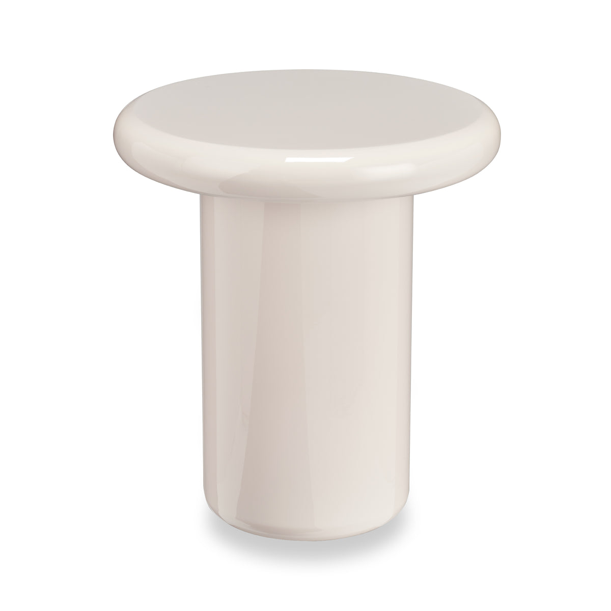 Champi round side table in Opal high-gloss finish (cream), front view on white background