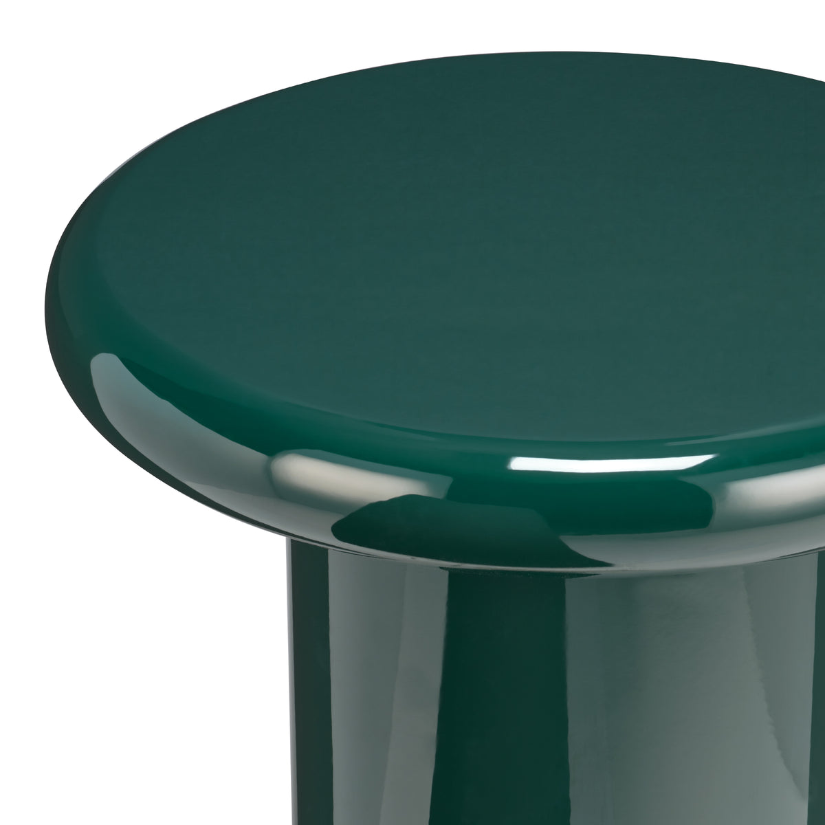 Champi round side table in Jade (dark teal) high-gloss finish, detail view on white background