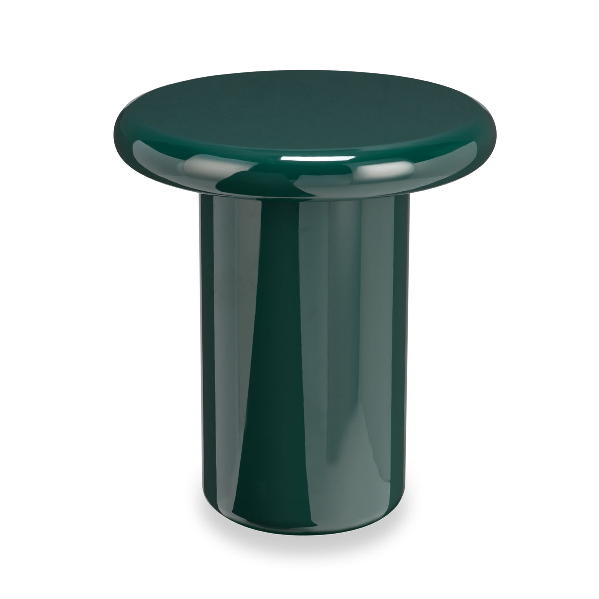 Champi round side table in Jade high-gloss finish (dark teal), front view on white background