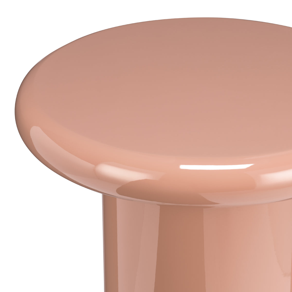 Champi round side table in Paloma (dusty pink) high-gloss finish, detail view on white background