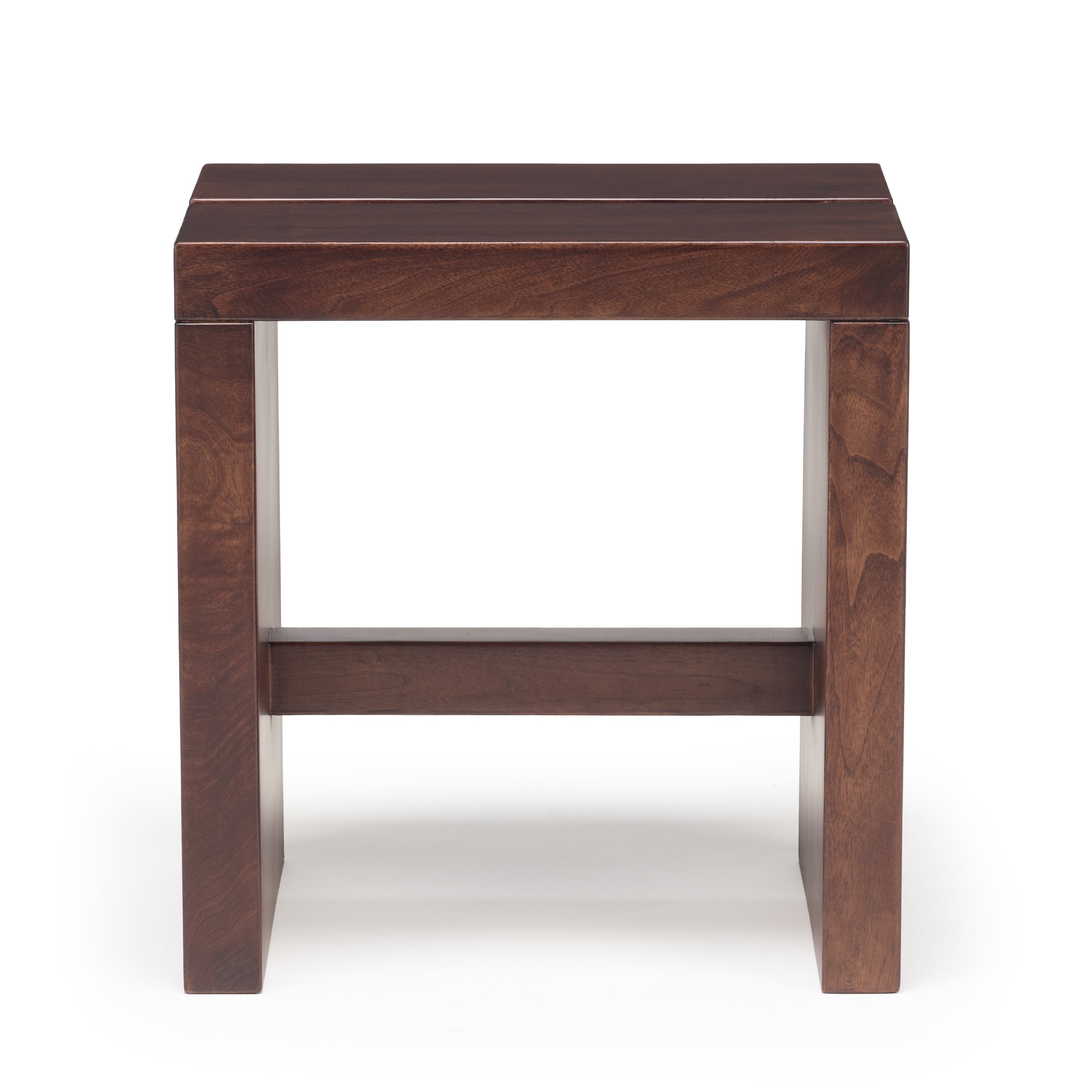 Lyster small solid walnut side table or stool, front view on white background