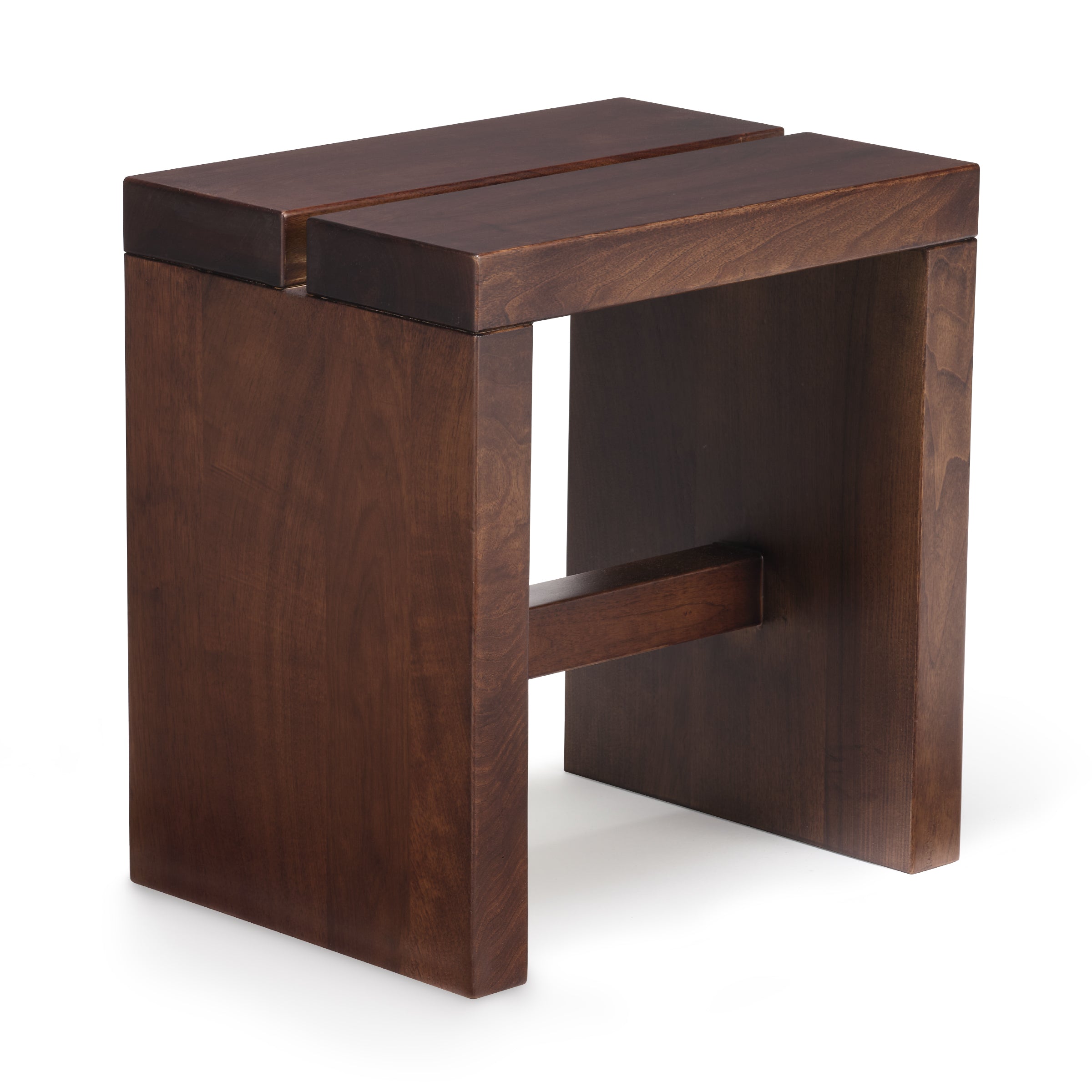 Lyster small solid walnut side table or stool, side view on white background