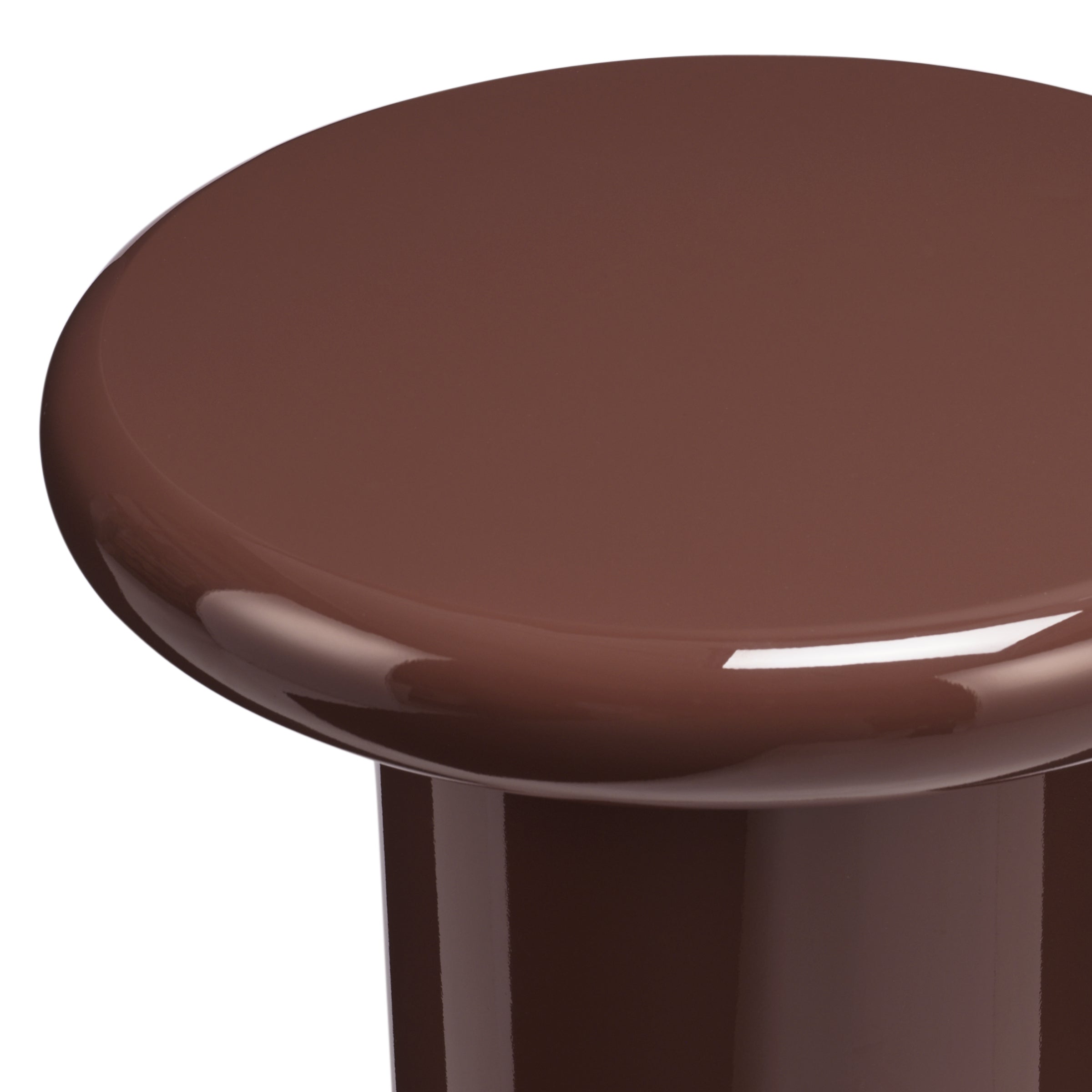 Mile round side table in Merlot high-gloss finish (deep red), detail view on white background