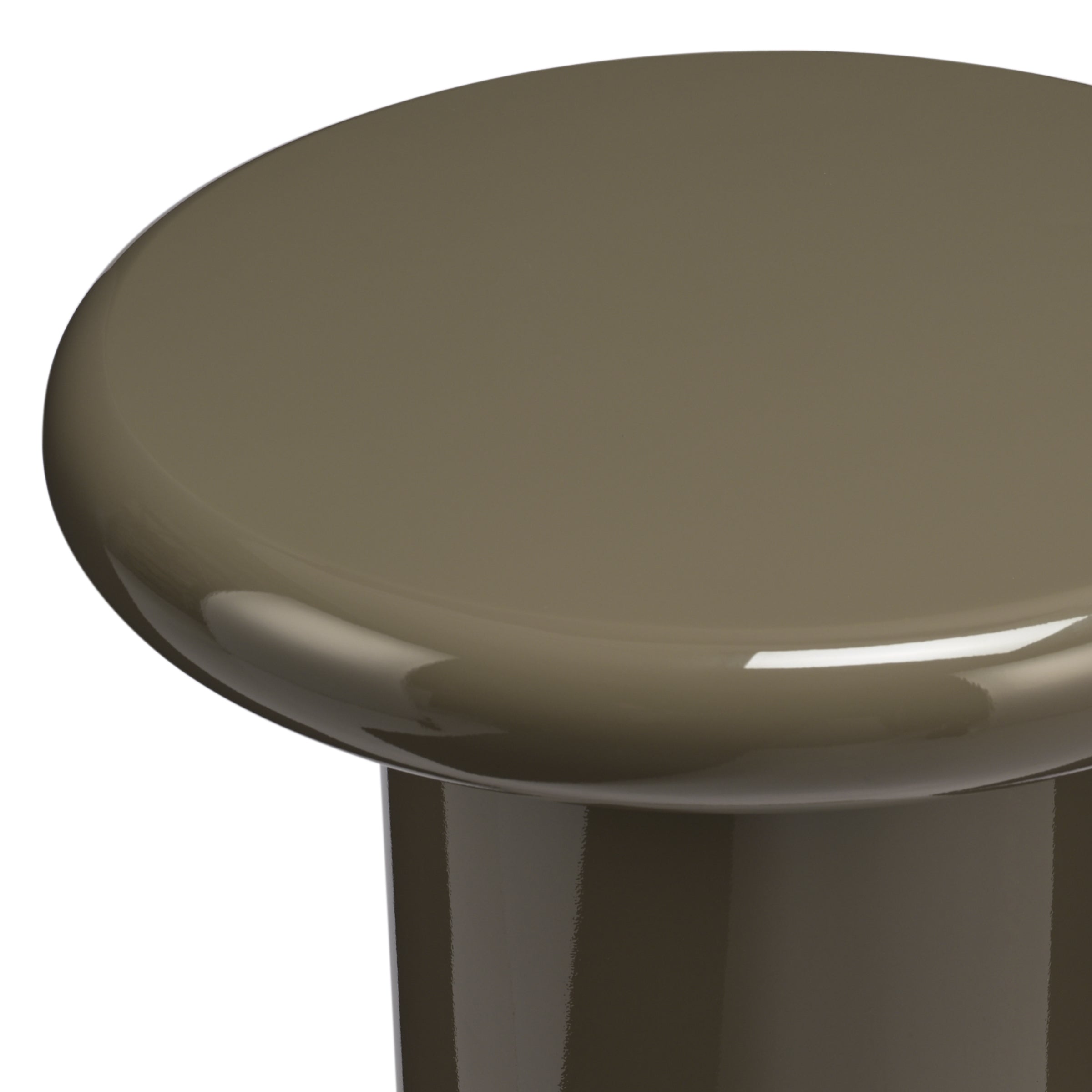 Mile round side table in Olive high-gloss finish, detail view on white background