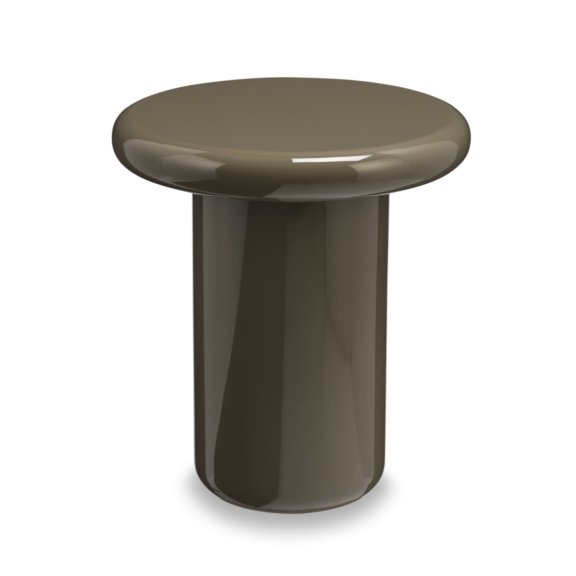 Mile round side table in Olive high-gloss finish, front view on white background