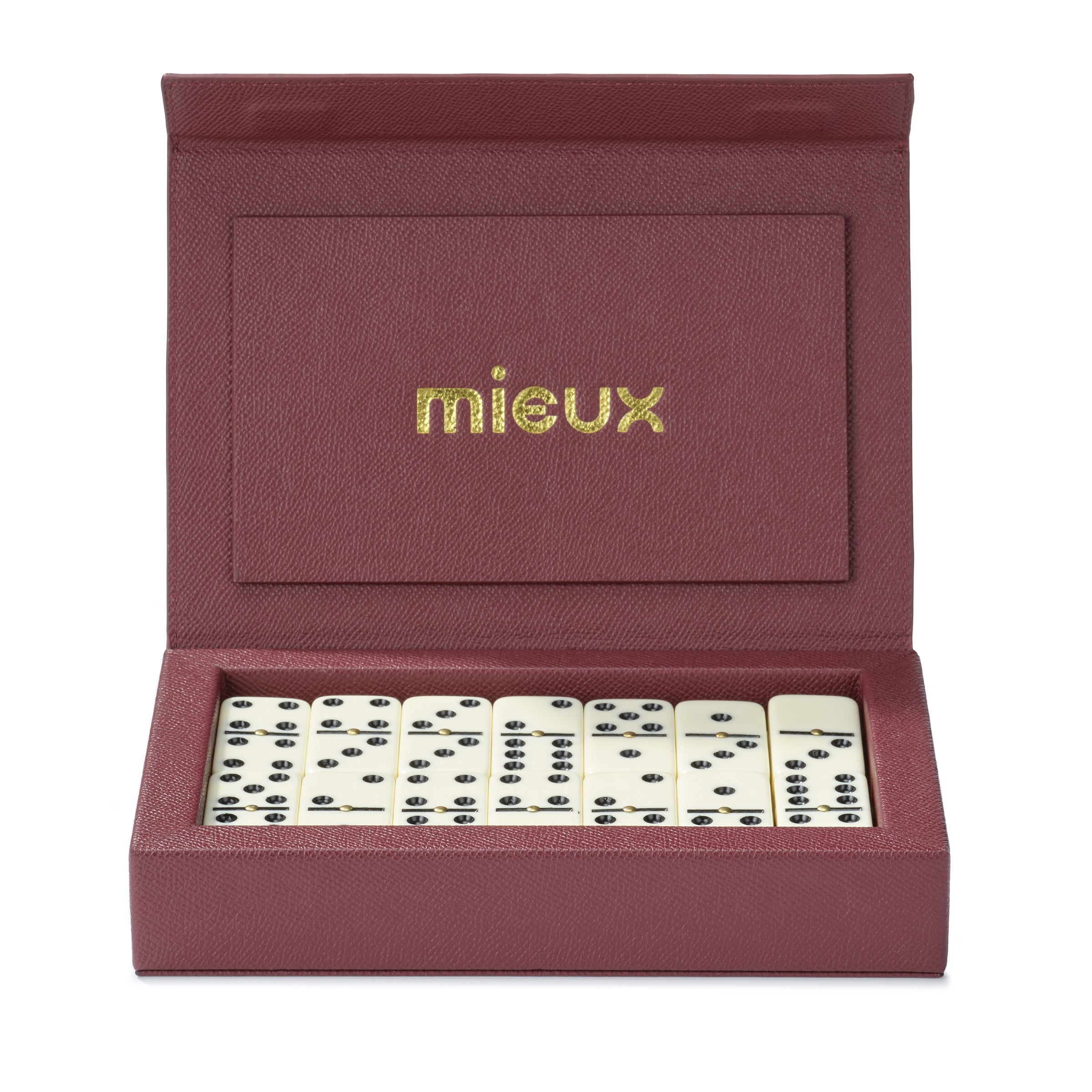 Mieux Parc domino leather set in plum color on a white background, front view, open box