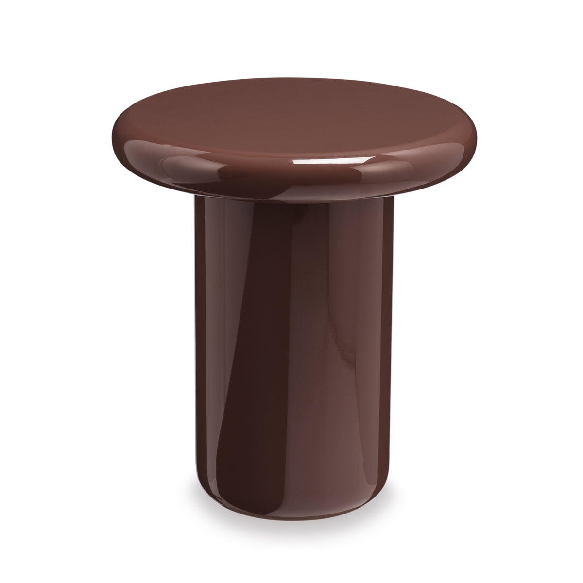 Champi round side table in Merlot high-gloss finish (deep red), front view on white background