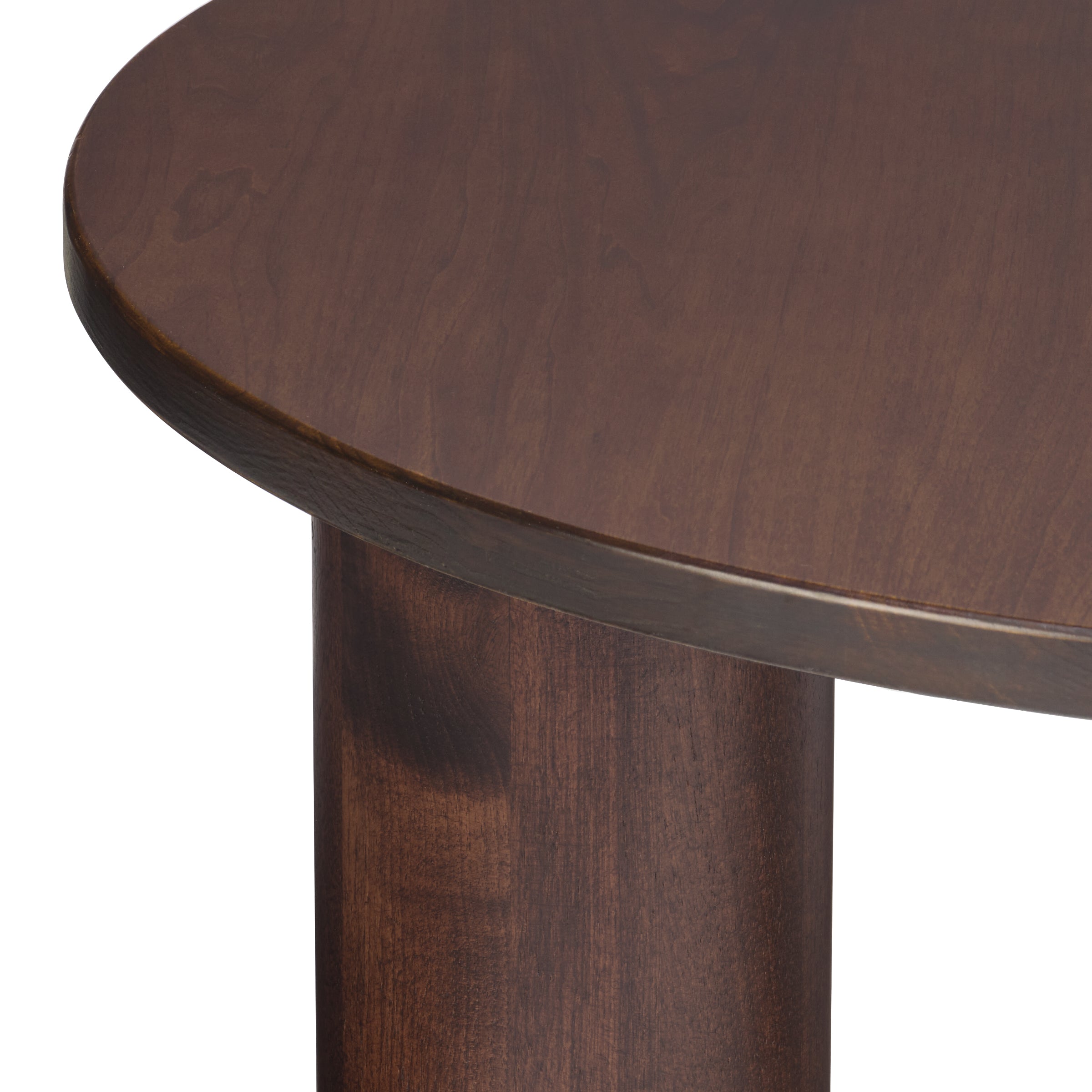 Gami round coffee table in solid walnut, detail view on white background