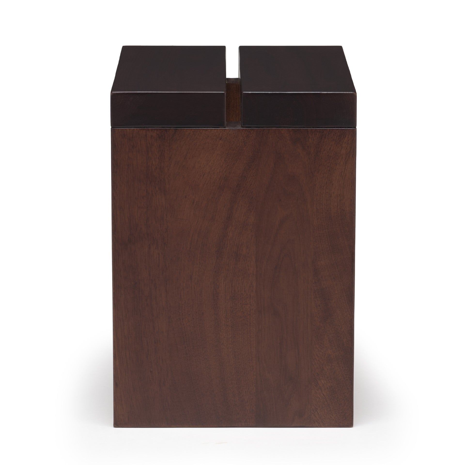 Lyster small solid walnut side table or stool, profil view on white background